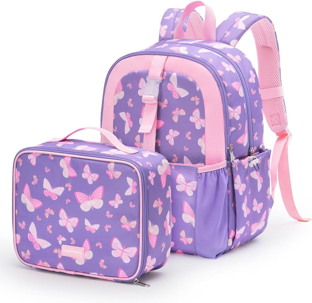 mommore Kids Backpack for Boys Girls 4-8 Kindergarten Elementary School Backpack with Lunch Box - 15 H Fit Folder (Purple Butterfly)