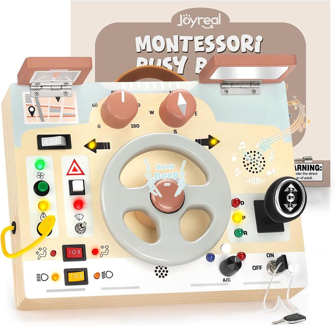 Joyreal Montessori Toddler Busy Board - Montessori Toys for 1 2 3 Years Old, Wooden Sensory Board with LED Lights, Steering Wheel, Music Player, Travel Toys for 1+ Year Old Boy & Girl Birthday Gift