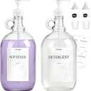 2 Pcs Glass Liquid Laundry Detergent Dispenser, Half Gallon Laundry Soap Dispenser for Laundry Room (64 oz. Each), Laundry Detergent Bottles with Pump Dispenser -Includes Labels, Funnel, Measuring Cup