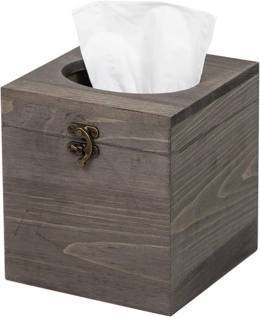 Distressed Farmhouse Square Solid Wood Tissue Box Cover with Slide-Out Bottom Panel Honey Brown Tissue Box Holder for Bathroom Living Room Dining Room Bedroom Toilet (Grey)