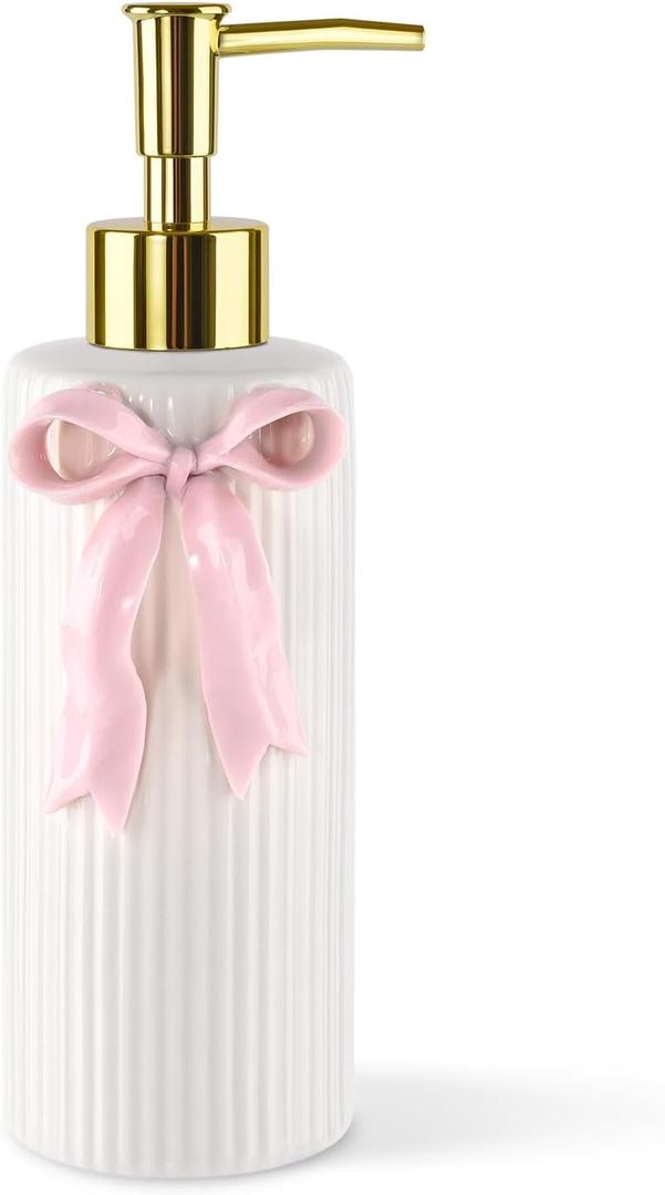 Handmade Ceramic Bow Soap Pump Dispenser Hand Lotion Liquid Dispenser Refillable for Kitchen and Bathroom Decorative (Ribbon Pink)