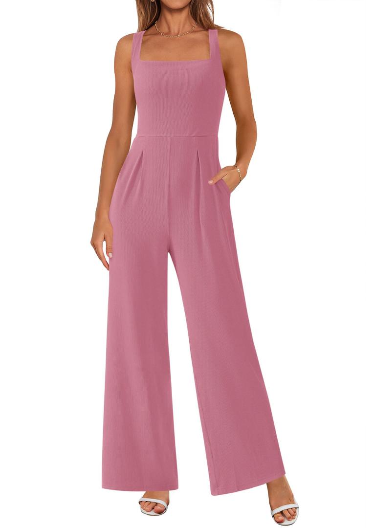 PRETTYGARDEN Summer Sleeveless Jumpsuits for Women Dressy Square Neck Wide Leg Pants Knit One Piece Rompers Fashion Clothing (Pink,Medium) (Pink, M)
