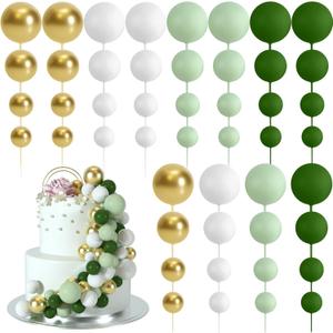 48 Pcs Cake Topper Decorations - Balloon Cupcake Toppers, Foam Balls for Birthday Party Wedding Cake Decorating (Green, Light Green, White, Gold)