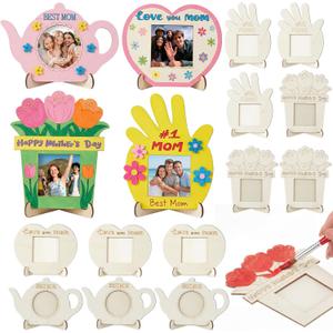 Geelin 12 Pcs Birthday Gifts for Mom Wood Unfinished DIY Picture Frame Crafts Color Your Own Photo Frames for Classroom Art Activity Mom Gifts(Mixed Style)