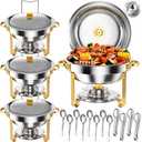 Round Chafing Dishes for Buffet 5 Qt,High Grade Chafing Dish Buffet Set with Stainless Steel Lid & Lid Holder,Full Size Pan,Food Warmers for Parties,Buffet,Wedding, Birthday 4 Pack (Half Gold)