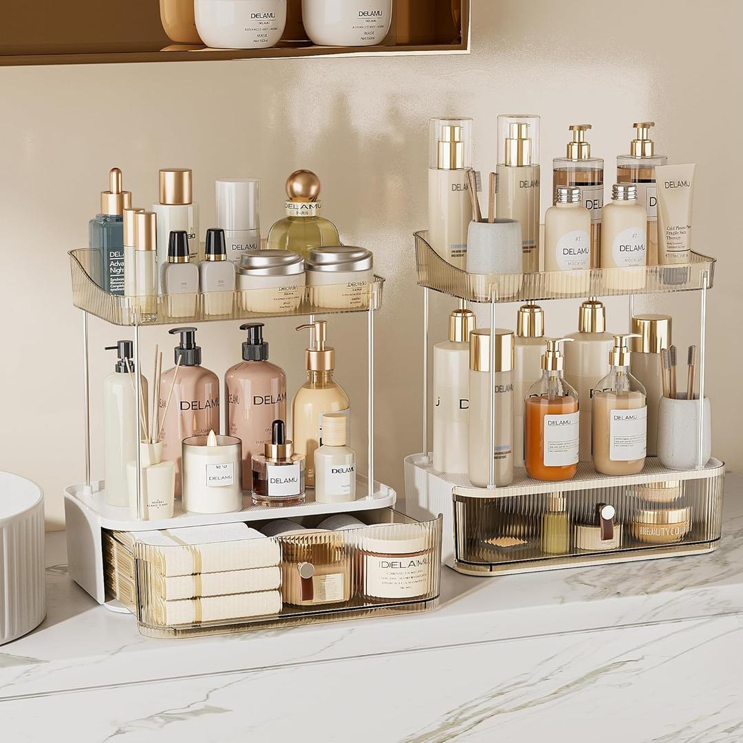 Delamu 2PCS Bathroom Counter Organizer with Drawer, Multi-Purpose 3-Tier Makeup Organizer Countertop for Vanity, Large Cosmetic Display Case Perfume Tray Skincare Organizers, Amber