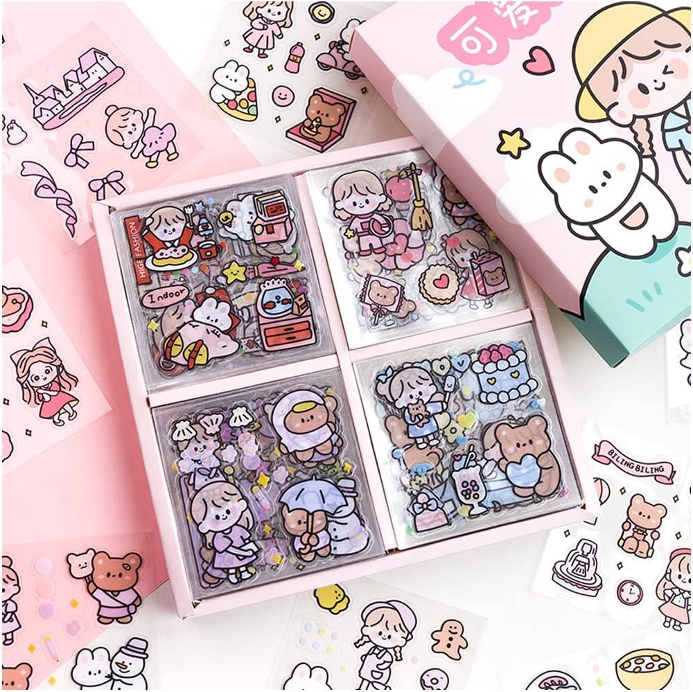 Kawaii Stickers Set (100 Sheets) - Cute PET Transparent Cartoon Animal Flower Decorative Scrapbook Sticker for Bullet Journaling,DIY Arts Crafts,Album,Planners,Junk Journal,Calendars and Notebook