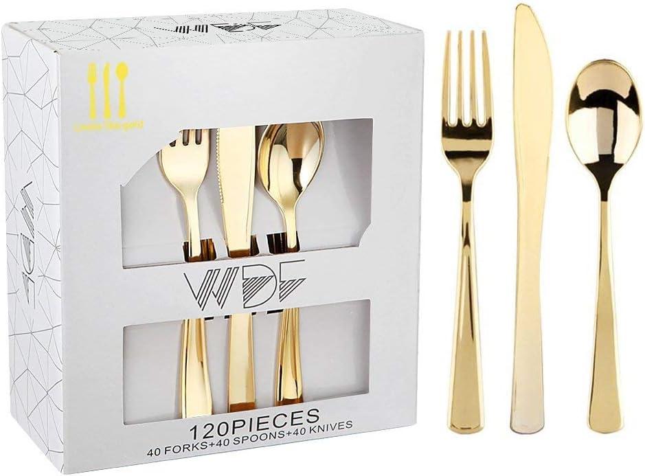WDF 120 Pieces Gold Plastic Silverware - Disposable Flatware Set - Heavy Duty Plastic Cutlery - Silverware Includes 40 Forks, 40 Spoons, 40 Knives