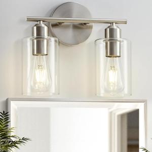 Bathroom Light Fixtures, 2-Light Brushed Nickel Vanity Lights, Modern Bathroom Lighting Fixtures Over Mirror with Clear Glass Shade, Wall Sconce Lighting for Bedroom Living Room, 2 Light - 1 pack