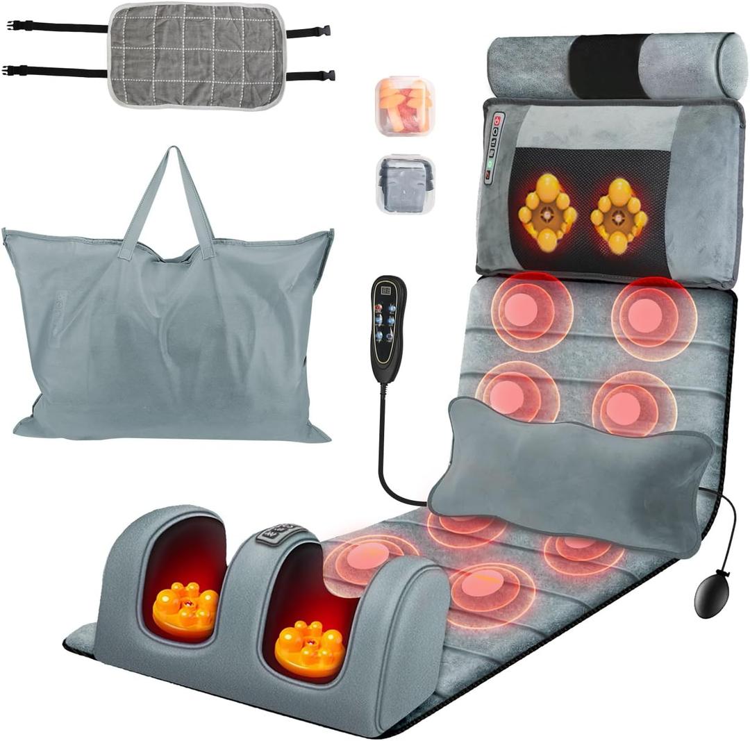Full Body Massage Mat with Heat Massage Heating Pad Electric Vibration Massage Pad Cushion Massage Mattress Heated Chair Pad with Timer Anti-Slip Bottom Earplugs for Back Neck Foot Kneading