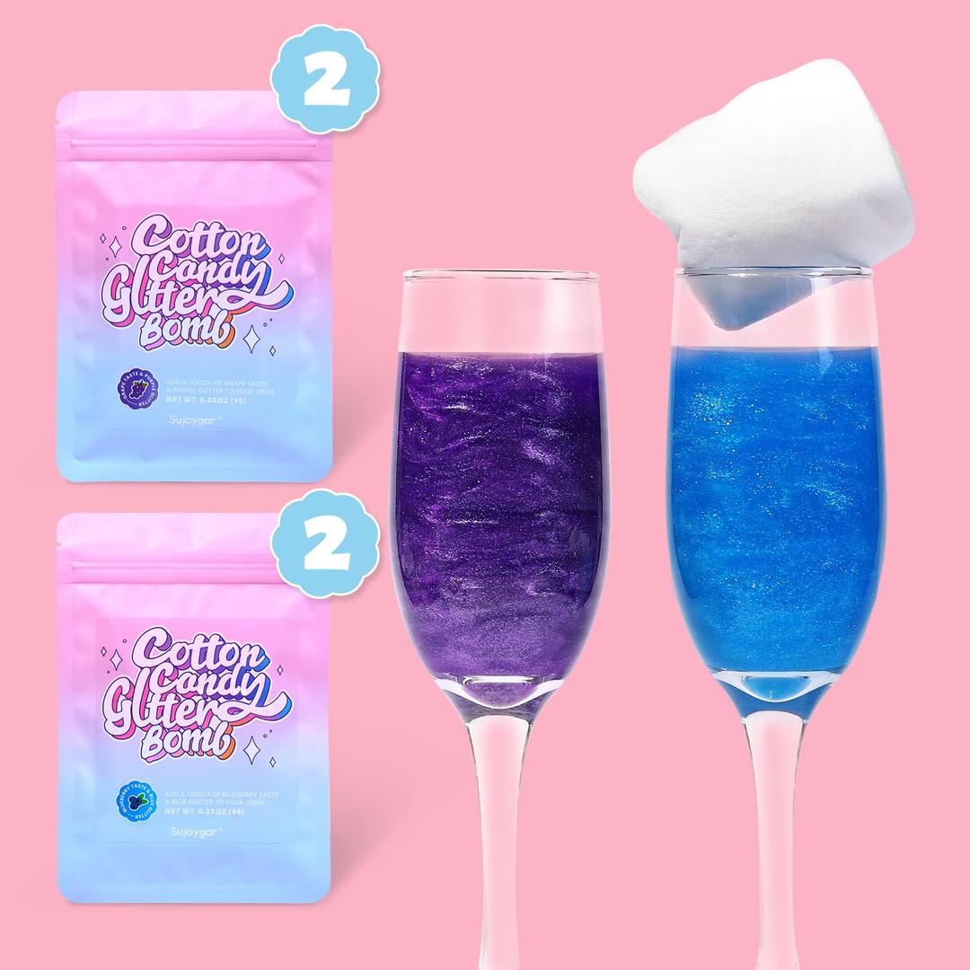 Cotton Candy Glitter Drink Bombs, 4 pc Purple Glitter Grape Flavor & Blue Glitter Blueberry Flavor, Edible Glitter for Drinks Cocktails Sparkling Beverages, Birthday Party Decoration Wedding Supplies (EXP 12/11/26)