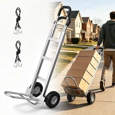 2 in 1 Hand Truck, 600 Lbs Capacity, Dolly Cart with Wheels 10" All-Terrain Tires, Heavy Duty Alloy Steel Dolly with Dual Handles, 2 Bungee Cord for Warehouse, Home, Office, Dormitory, Silver