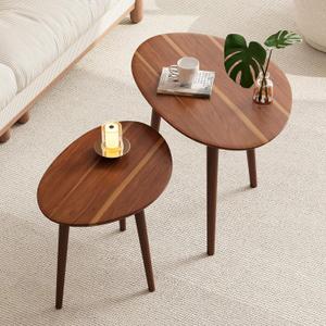 Small Oval Coffee Tables Set, Acacia Wood Nesting Tables 25.6"x17.7"+17.7"x13.4" for Living Room Small Spaces Office,Easy Assembly Wooden Minimalist Walnut Mid Century Modern Coffee Table