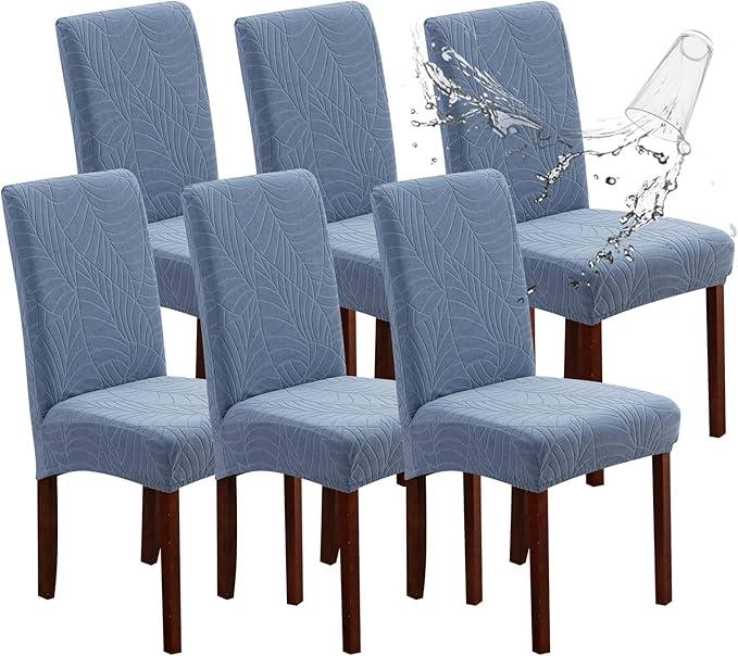 Genina Waterproof Chair Covers for Dining Room, Stretch Jacquard Dining Chair Slipcovers Removable Washable Chair Protector for Kitchen, Hotel, Restaurant (Leaves-Light Blue, 6 PCS)
