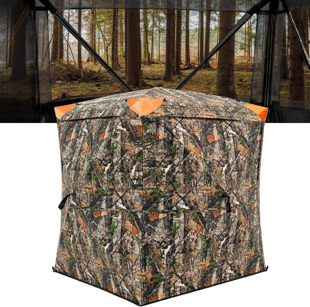 Hunting Blind Pop-Up Tent 270° Camouflage, Waterproof Deer Blind Pop-up deer blind tent, 270° view, shoot-through mesh windows. Camouflage, waterproof, 1-2 person. Carry bag included, 58"L x 58"W x 66"H