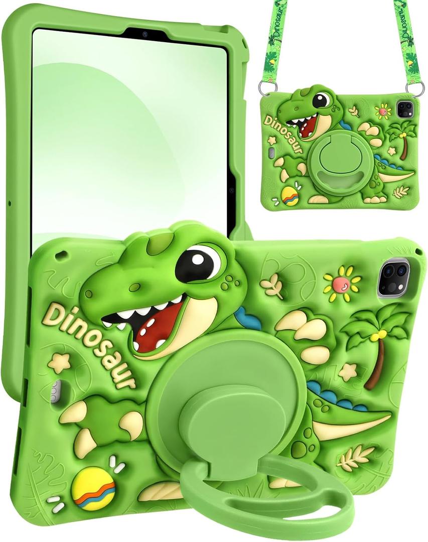 Boaretiu for iPad Air 11 inch Case(Air M4 2026, 8th Gen/M3 2025/M2)/Air 5th/4th Gen 10.9", for iPad Pro 11" Case(4th/3rd/2nd/1st Gen) - Silicone Cute Green Dinosaur with Strap & Stand for Kids Boys, 1-Green, for iPad Air 11" / Pro 11"(NOT FOR Pro M4/M5)
