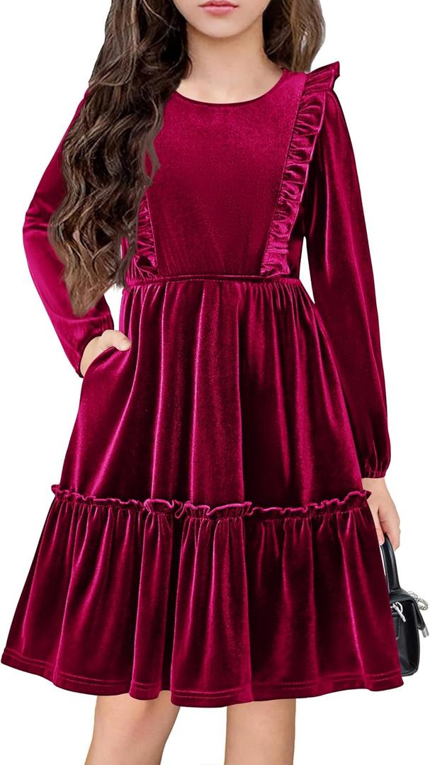 Arshiner Girls Dress Long Sleeve Ruffled Hem Casual Velvet Dress with Pockets 5-14 Years (9-10 Years, Dark Red)