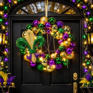 Riceshoot Mardi Gras Door Wreath with Lights 15.7 Inch Glitter Mardi Gras Wreath for Front Door Purple Green Gold Ball Ornaments Festival Decorations for Carnival Indoor Outdoor Holiday Party Favors