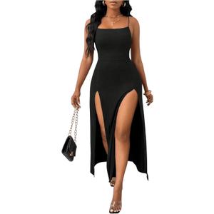 WDIRARA Women's Split Sleeveless Cami Dress Crisscross Tie Backless Maxi Halter Dress