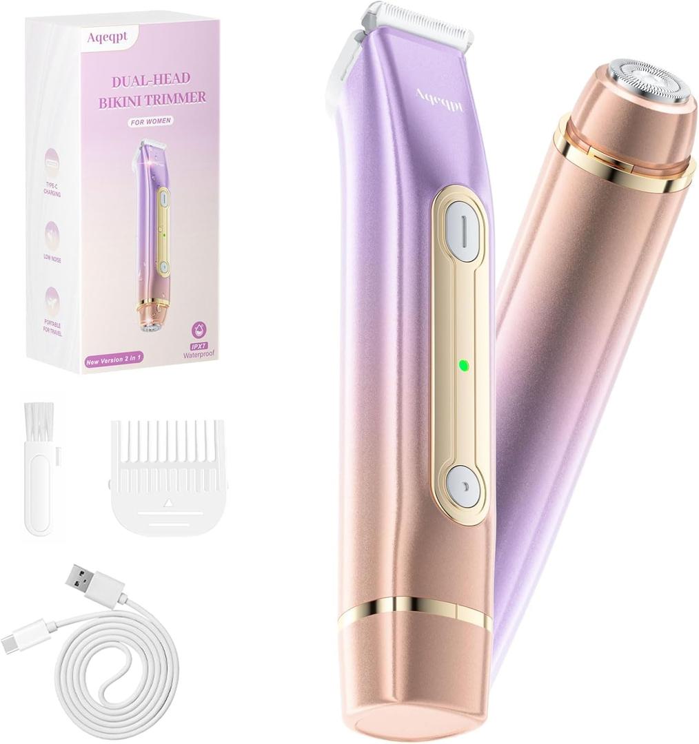Bikini Trimmer for Women, Electric Razors with Dual Heads, Rechargeable Pubic Hair Trimmer with IPX7 Waterproof, Painless Pro Shaver for Underarm Leg Arm Body Face Private Area Royal Rose