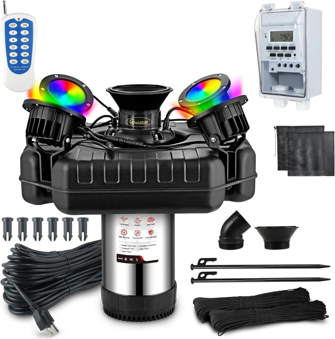 Goldlife Pond Fountain Aerator, F3 With 4 RGB Lights, 1HP 750W 110V Stainless Steel Floating Fountain With 100FT Power Cord Black Octagon Aerating Fountain Pump for Small Large Pond Lake Pool FishFarm