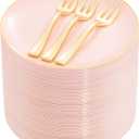 Festiva 200Pcs Pink Gold Cake Plates 6.3" with Forks 5"- Disposable Salad Plates-Pink Dessert Plates-Appetizer Plastic Plates - include 100Plates 100Forks for Party&Wedding&Easter&Mother's Day