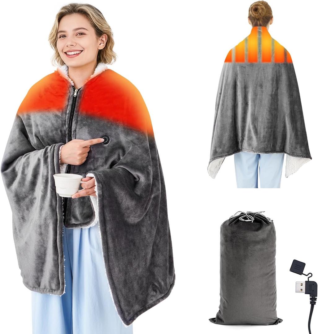 Soft Flannel Battery-Powered Heated Shawl, Thick Warm Christmas Blanket, Portable Outdoor Warm Blanket, Three Temperature Settings (Power Bank Not Included, Navy)