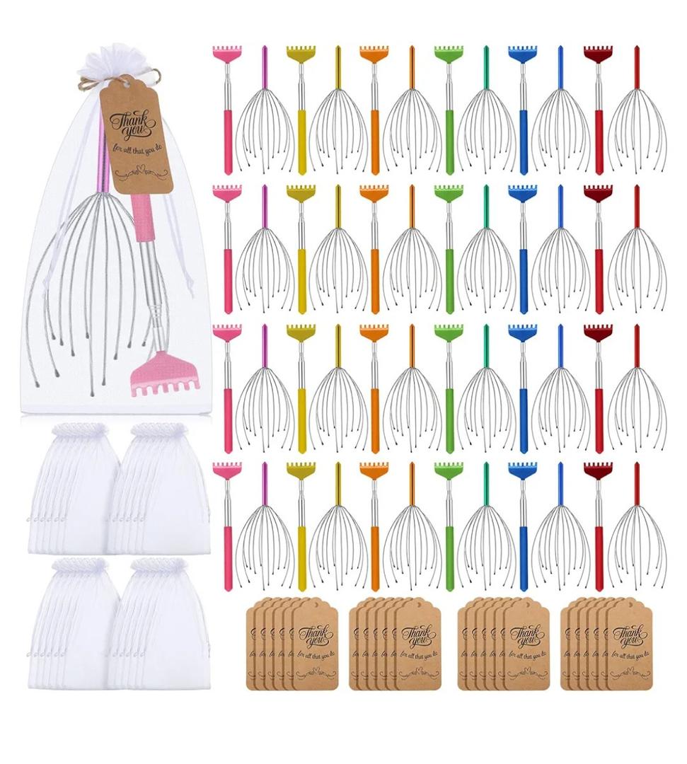 15 Set Massage Gifts Bulk 15 Scalp Head Massagers and 12 Extendable Scratchers with Bags and Cards for Valentine's Day Teacher Mother Family Employee