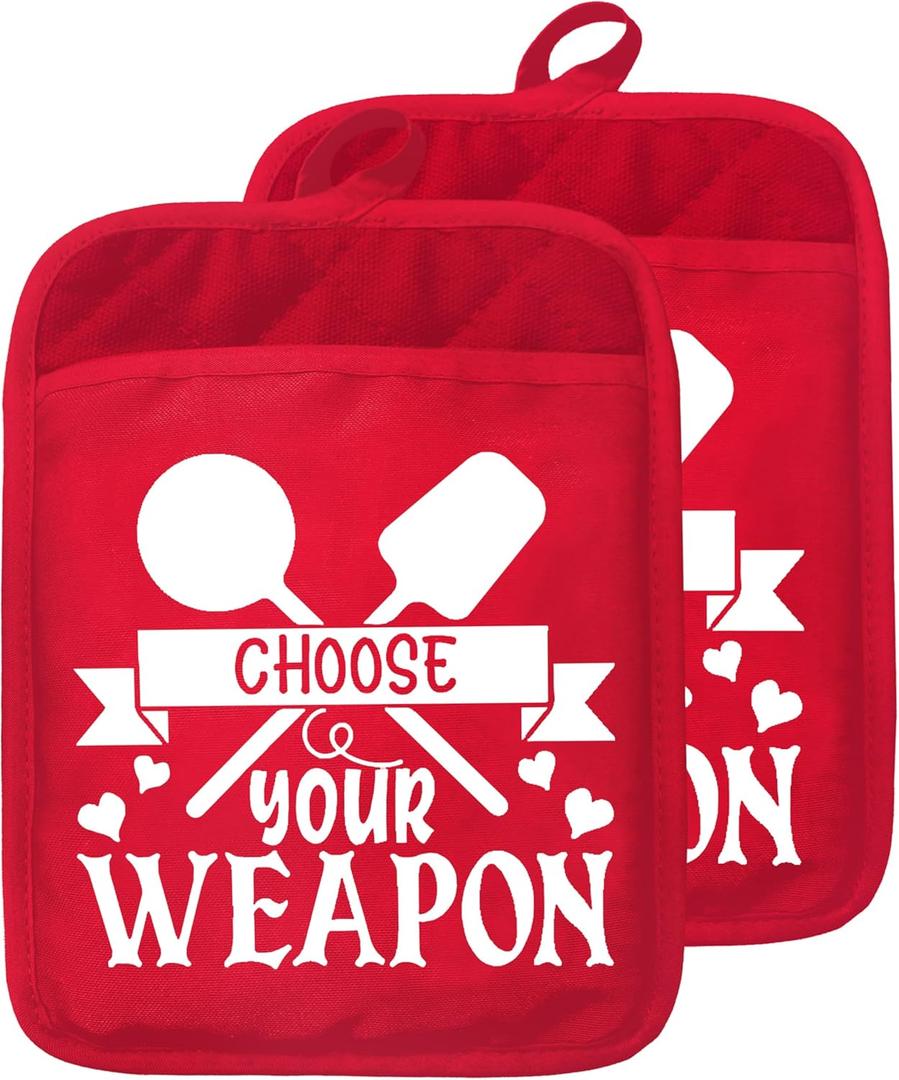 Funny Christmas Kitchen Pot Holders with Pockets, Choose Your Weapon Red Holiday Christmas Oven Pot Holders Heat Resistant Oven Mitts Hot Pads for Kitchen Baking Cooking