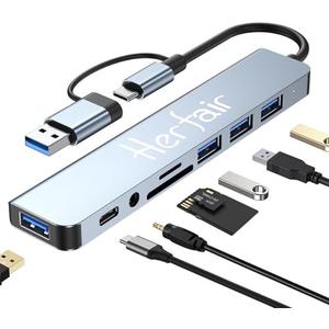 USB Hub 3.0 USB C Hub with SD Card Reader Audio Jack 8 in 1 USB Extender Splitter Multiport Dongle Adapter for MacBook Pro Air and More PC/ Laptop/ Tablet Devices
