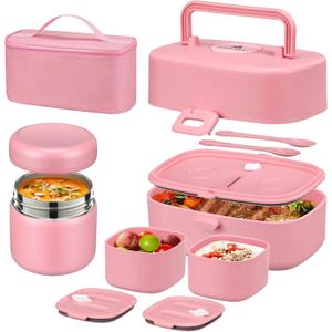 Pawtong Bento Lunch Box with 8oz Soup Thermo, Kids Sustainable Bento Box Leakproof Lunch Food Containers with Lunch Bag, Kids Thermo Insulated Hot Food Jar for School, Trvael (Pink)