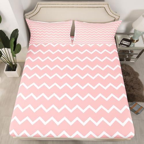 jejeloiu Pink White Wave Lines Fitted Sheet Twin Size for Kids Boys Girls Pastel Striped Bed Sheets Set 16" Deep Pocket Soft Microfiber Geometric Pattern Bedding with 1 Pillowcase Room Decor
