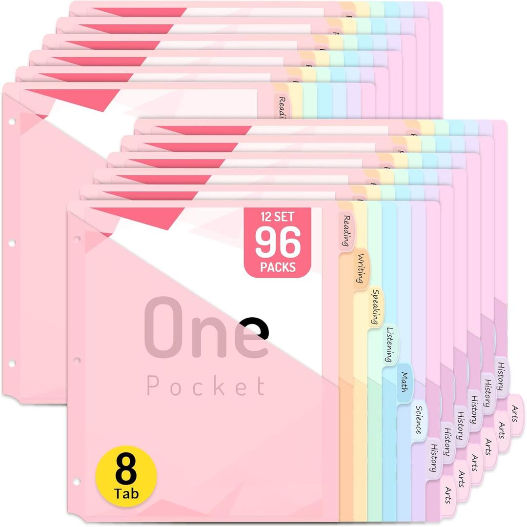 Forvencer 96 Count Dividers for 3 Ring Binder, 8 tabs Binder Dividers with Pocket for US Letter Size, Binder Dividers with Tabs for School Office and Home Organization, Multicolor, 12 Sets (Pink)