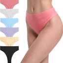 6 Pack Women's Ribbed Cotton Thongs High Waist Seamless Panties Plus Size High Rise No Show Underwear (Medium)
