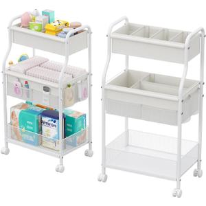 Diaper Caddy Organizer 3-Tier Rolling Cart, Metal Utility Cart with 4+2 Dividers & Lockable Silent Casters, Mobile Storage Cart for Nursery Essentials, Multi-Purpose for Kidsroom Changing Table