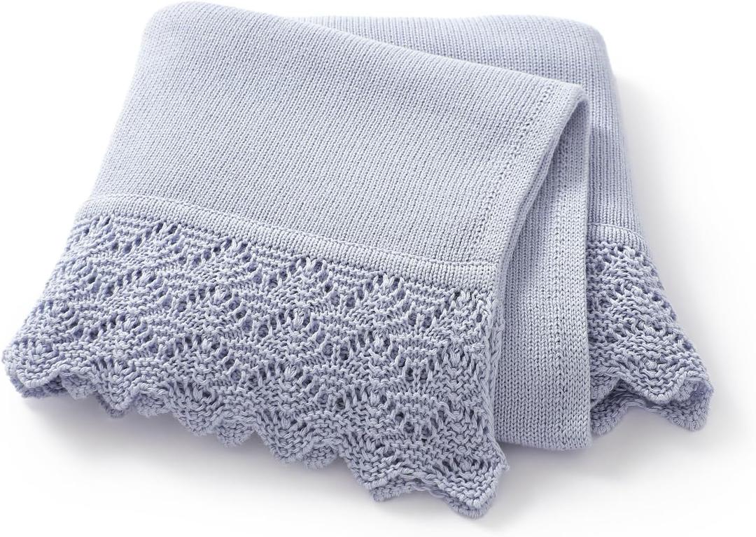 Hadetoto Baby Blanket Soft Cozy Cotton Cable Knit Crochet Receiving Crib Nursery Swaddling Blankets for Newborn Boys Girls (Baby Blue)