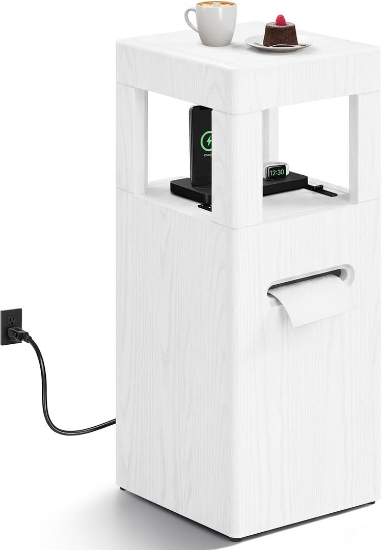 Modern Square End Table with Charging Station for Living Room, 11.5 x 11.5 x 25.6, Mini Accent Side Table for Small Space, Simple Nightstand for Bedroom (Whitewash)