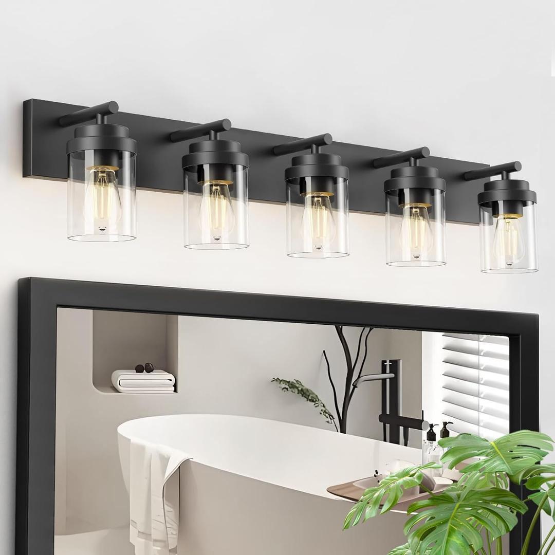 IZORRO Bathroom Vanity Light Fixture, 5-Light 36 Inch Matte Black Bathroom Light Fixtures Over Mirror, with Clear Glass Shade, Modern Farmhouse Vanity Lights, Rustic Restroom Lighting Fixtures