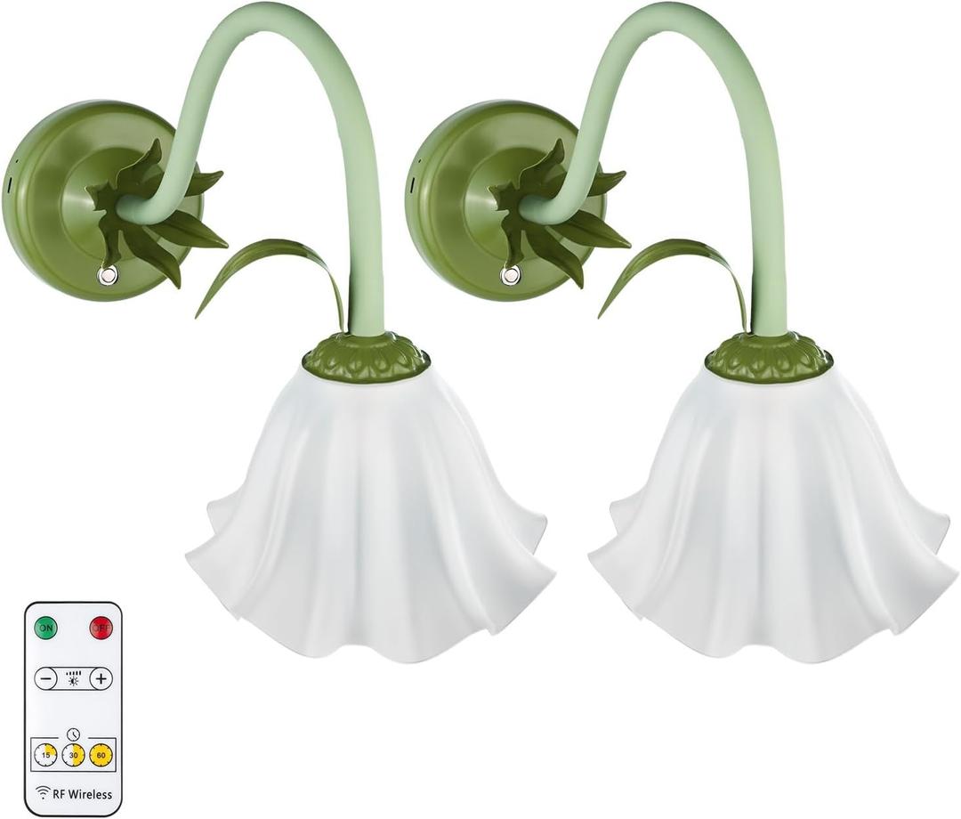 Battery Operated Cordless Flower Wall Sconce Set of 2 (Green), Stepless Dimming Magnetic Wireless Wall Lamp, 5200mAh Rechargeable Battery, for Living Room Bedroom Hallway Corridor