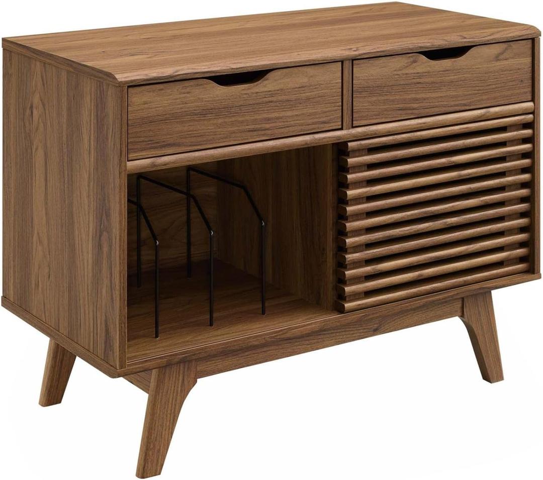 Modway Render Mid-Century Modern Vinyl Record Storage Display Cabinet, 37 Inch, Walnut