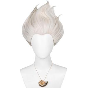Short Curly Gray Blonde Sea-Witch Costume Wig + Necklace + Wig Cap Platinum Blonde Cosplay Wigs Synthetic Hair for Women Halloween Party