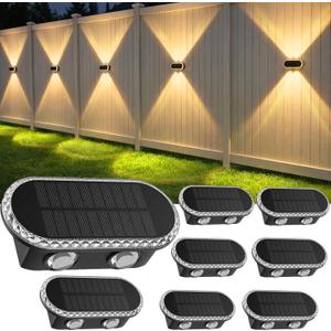 Solar Fence Lights Outdoor: IP65 Waterproof Wall Lighting with Dual Focused LED Up Down - 3000K/4000K/6000K 10-12H Lasting - Easy to Install for Backyard Patio Porch, 8 Pack
