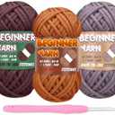3 Pack Beginners Crochet Kit - Chocolate Brown, Grey, Caramel Yarn for Crocheting & Knitting, Easy-to-See Stitches, Chunky Thick Bulky Cotton Soft Yarn (3x50g)