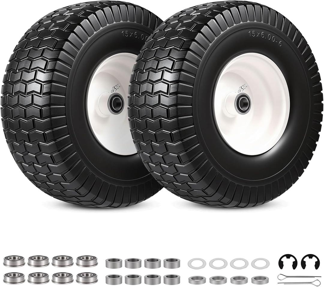 2 Pack 15x6.00-6 Flat Free Lawn Mower Tire and Wheel, 15x6-6nhs Riding Mowers Lawn Tire and Wheel with 3/4" & 5/8" Bearing, 3" Centered Hub