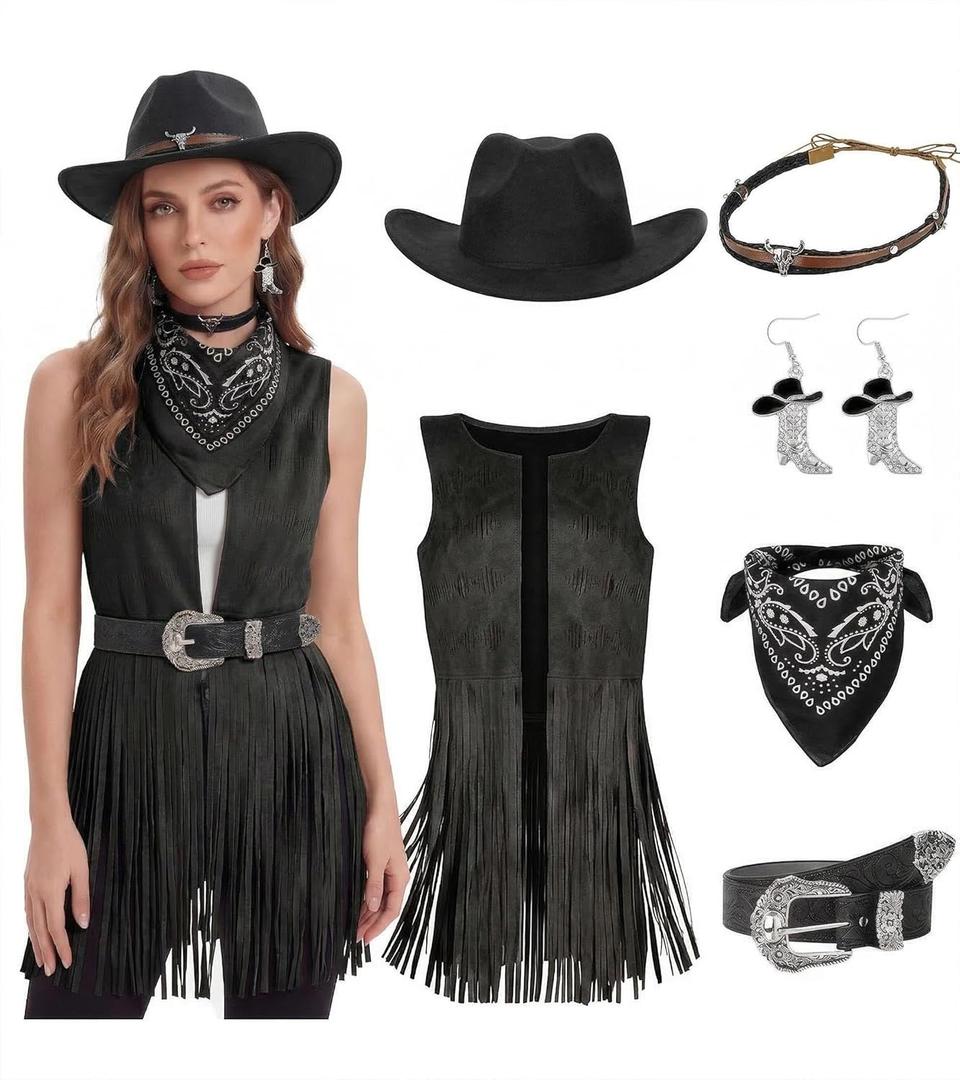 6 PCS Women Cowgirl Costume Set Western Cowboy Outfits with Vest Hat Belt Earring Bandana for Halloween Costumes 2026 Cosplay (X-Large, Dark Black)