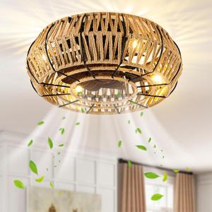 Caged Ceiling Fans with Lights and Remote, 20inch Woven Bladeless ceiling fan, Low Profile Flush Mount Enclosed Boho Ceiling Fan with Light for Living Room, Bedroom, Dinning Room, Brown