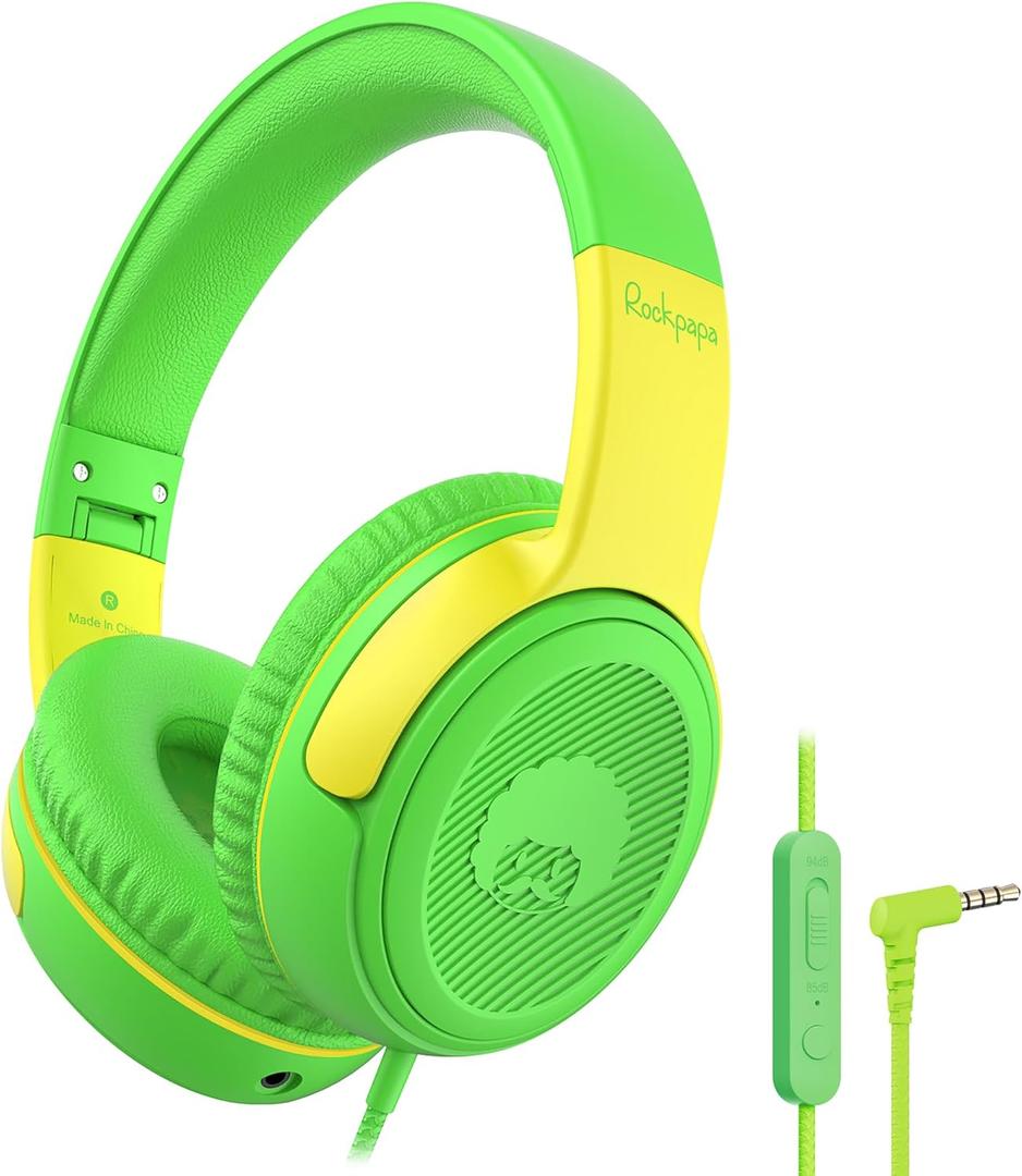 rockpapa Share 1 Kids Headphones Wired with Microphone & Share Port, 85dB/94dB Volume Limited, Cute Foldable Student Child Boys Girls Headphones for School/Classroom/Travel Green/Yellow