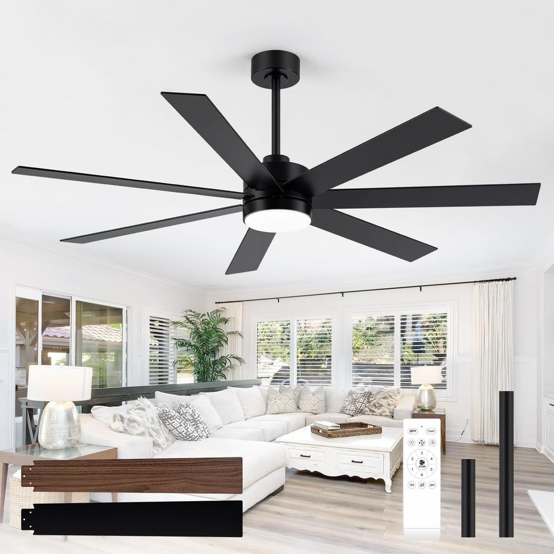 Farmhouse Ceiling Fans with Lights and Remote, 62 Inch Industrial Black Ceiling Fans with 6-Speed Reversible DC Motor, 3 CCT, Dual Finish 7 Blades, Indoor/Outdoor Ceiling Fan for Patio Bedroom