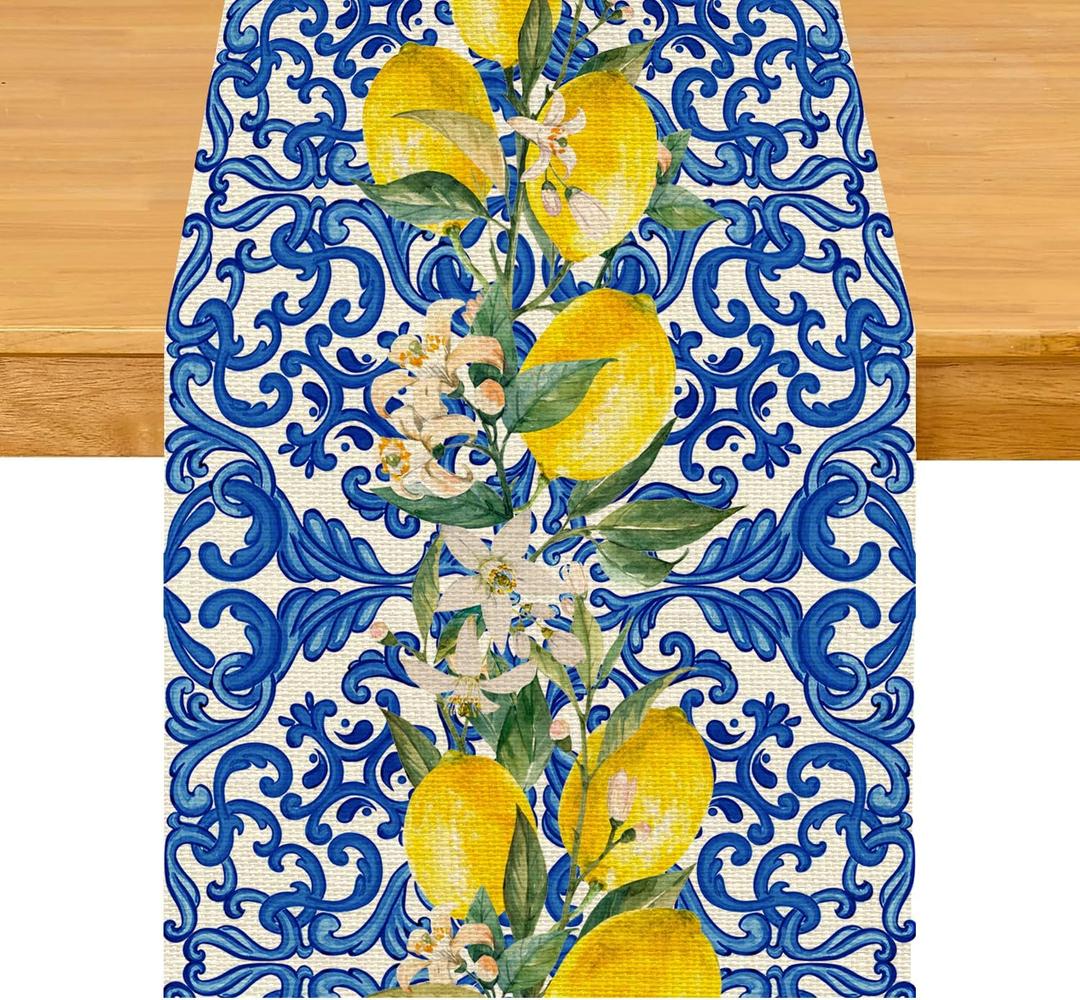 Blue Tiles Lemon Table Runner for Home Party Decorations Seasonal Summer Washable Kitchen Dining Table Decor for Birthday Party Coffee Table Family Dinners Holiday Wedding 13x72 Inch