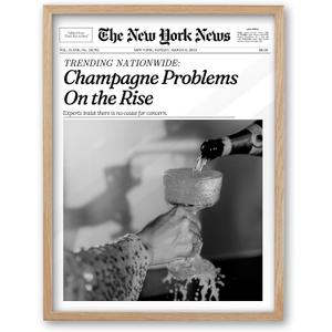 iHery Small 8X10in Champagne Problems On the Rise Newspaper Small Framed Wall Art, Natural OAK Wood Trendy 8X10in Canvas Wall Art Dcor For Bedroom Living Room Set of 1